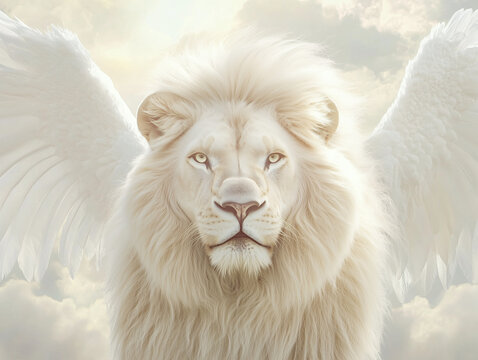 a massive, majestic white lion with a beautiful, full white mane and natural white wings detailed with bird-like feathers, wings raised upward. The lion approaches the camera head-on with an intense, 