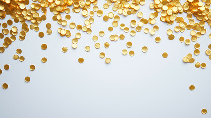 Shiny golden confetti scattered on white background, representing festive celebrations, parties, and glamorous events for vibrant and elegant design elements.