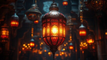 Obraz premium Intricate lantern glows in a dark room.