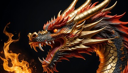 Majestic Golden Dragon Sculpture on Black Background. Generative AI
