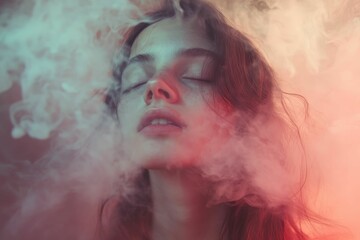 Woman's face obscured by colorful smoke.