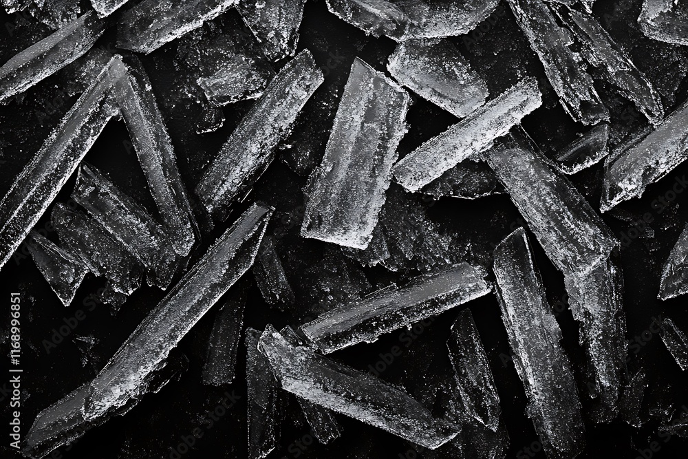 Poster close-up of scattered ice shards on dark background.