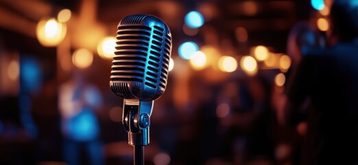 Vintage microphone in a dimly lit bar setting with blurred background lights creating a warm atmosphere for live performances, copy space for text