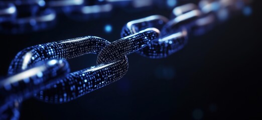 Digital blockchain chain link with binary code representation, symbolizing technology, security, and data integrity in modern digital transactions, copy space for text