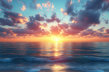 Vibrant sunset over calm ocean waves.