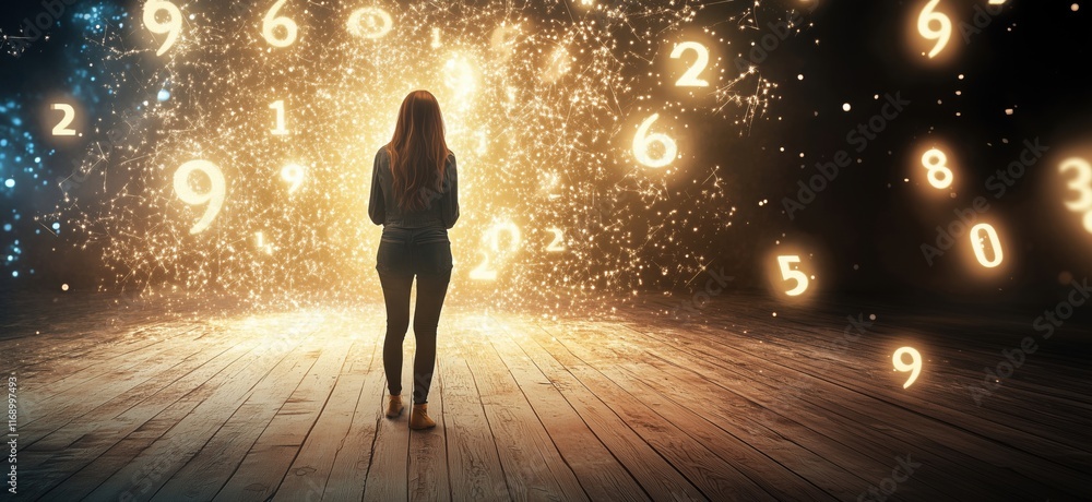 Poster mystical woman surrounded by glowing numbers in a dark space, representing data, technology, and the