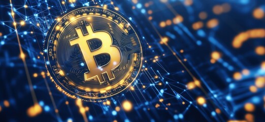 Bitcoin cryptocurrency symbol glowing amidst digital network connections, representing blockchain technology and decentralized finance, copy space for text