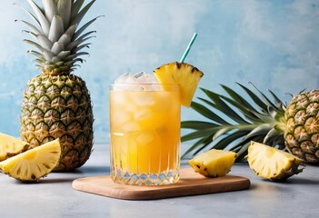 A tropical cocktail with a pineapple slice and ice in a glass with a straw