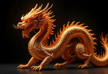 Fototapeta premium Majestic Golden Dragon Statue on Dark Background. Generative AI