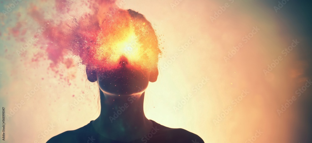 Poster explosive creativity and imagination depicted through abstract human head with colorful cosmic explo