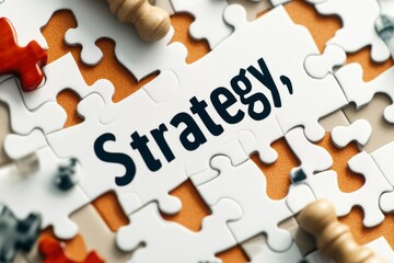 Fototapeta premium A minimalist design of a single puzzle piece labeled â€œStrategy,â€ centered on a clean white background