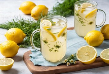 Fototapeta premium A glass of chamomile and lemon tea lemonade on a wooden table with a lemon slice on the rim