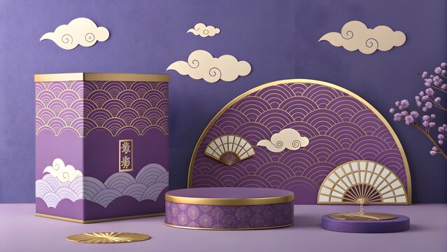 Elegant purple packaging with decorative elements and clouds.