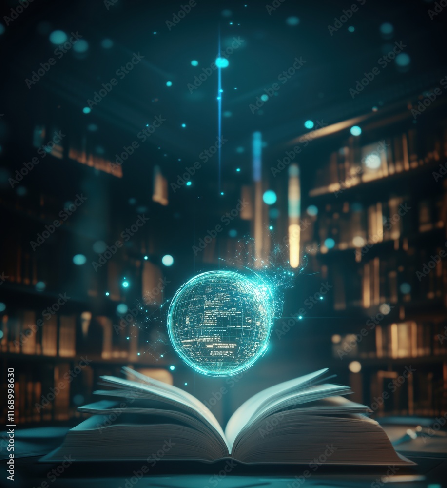 Poster open book with glowing digital globe representing knowledge and information in a library setting, co