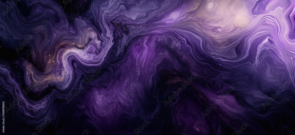 Poster cosmic purple swirl abstract art, ethereal space design with fluid patterns and celestial elements, 