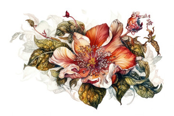 a large flower with open petals, surrounded by leaves.  