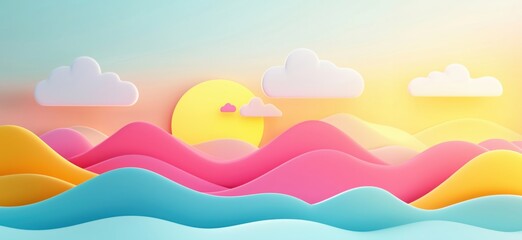 Colorful abstract landscape with waves, sun, clouds, and pastel colors in a serene setting, copy space for text