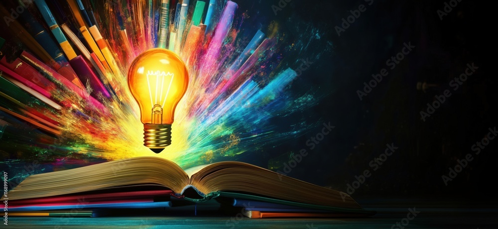 Poster illuminated light bulb emanating colorful energy from open book, symbolizing knowledge and creativit
