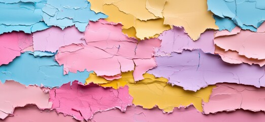 Obraz premium Colorful torn paper layers in pastel shades of blue, pink, yellow, and purple creating a textured abstract background, copy space for text