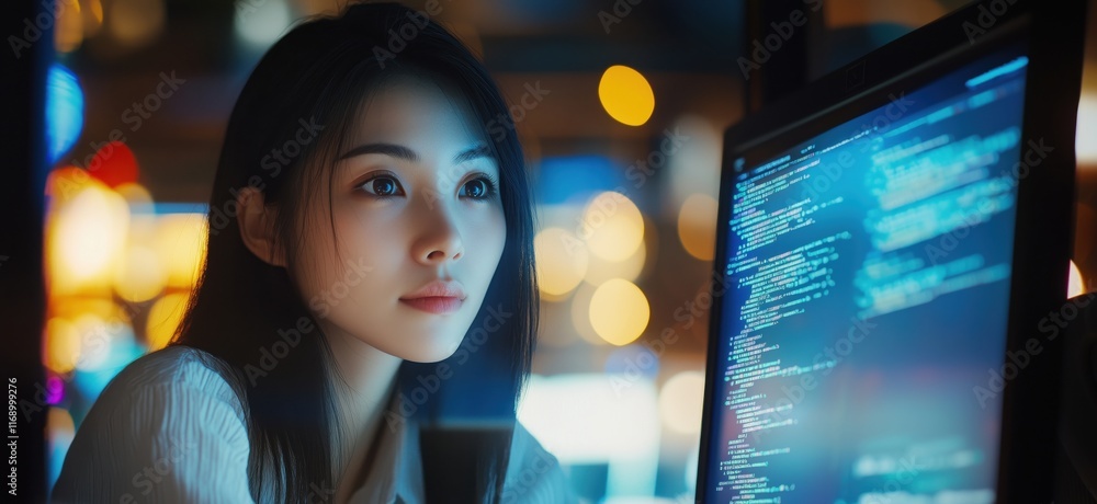 Poster focused young woman coding at computer screen illuminated by colorful bokeh lights, showcasing progr