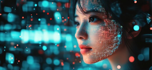 Digital portrait of woman with futuristic data overlay, showcasing technology and artificial intelligence concepts, vibrant colors and intricate patterns, copy space for text