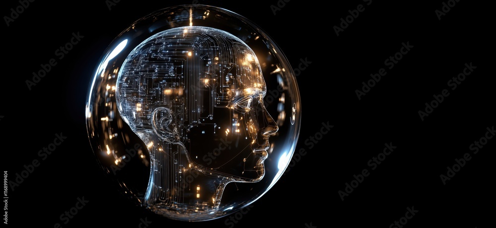 Poster digital human head silhouette with glowing circuitry and lights, representing artificial intelligenc