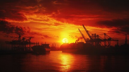 Obraz premium Spectacular sunset over a bustling harbor with silhouettes of cranes and ships reflecting in tranquil waters