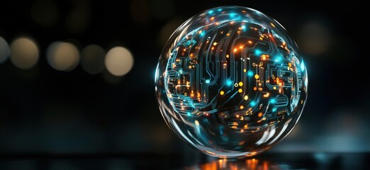 Futuristic digital sphere showcasing intricate circuit patterns and glowing lights, representing advanced technology and innovation, copy space for text