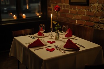 Elegant romantic dinner table arrangement with red accents and candles