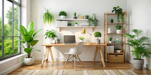 Minimalist Home Office with Green Plants - Modern Workspace Design