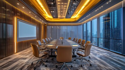 A high-end conference space with luxurious finishes, advanced presentation tools, and modern lighting.