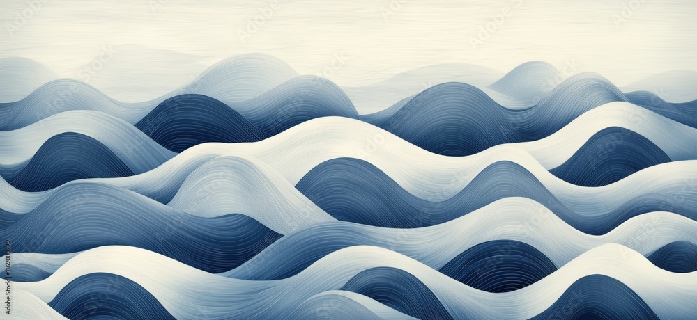 Poster abstract ocean waves in blue and white tones, flowing patterns create a serene and calming atmospher