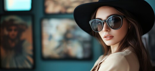 Fashionable woman wearing oversized sunglasses and a black hat, posing elegantly in a stylish interior with art pieces in the background, copy space for text
