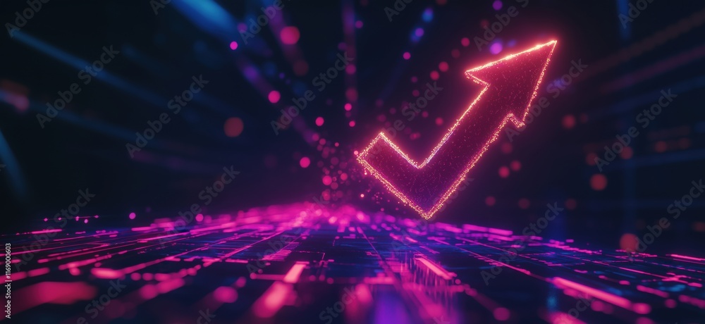 Poster digital upward trend represented by glowing arrow amidst vibrant neon lights and abstract data patte