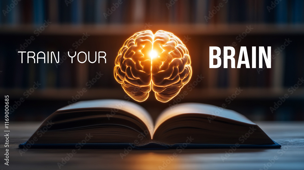 Poster train your brain with open book and illuminated brain concept for mental development