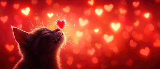 Playful Valentine's Day cat background concept. A cat gazes upward, surrounded by glowing hearts in a warm, romantic ambiance.