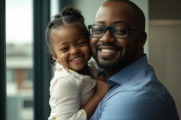 Fototapeta premium The father is holding his child by the window, and both are happy to be together.