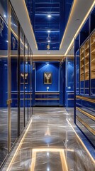 Fototapeta premium Luxurious Blue And Gold Hallway With Glass Cabinets
