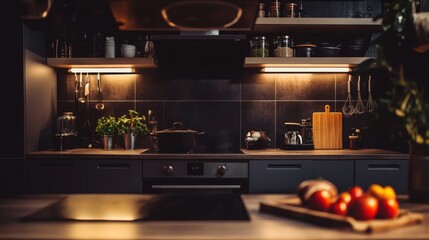 Obraz premium Cozy evening in a modern kitchen filled with fresh ingredients and warm lights inviting culinary creativity