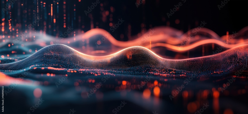 Poster digital wave patterns with glowing particles, abstract representation of data visualization and tech