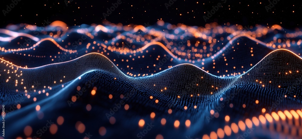 Poster digital landscape of glowing waves and particles, representing data visualization and technology, wi