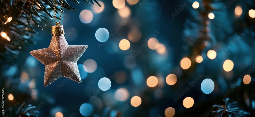 Poster sparkling star ornament hanging on christmas tree with blurred bokeh lights in the background, creat