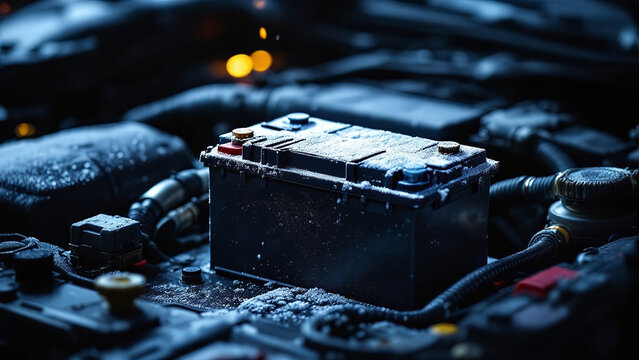 A cold car battery covered with frost symbolizes a winter problem, on a blurred background.