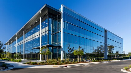 modern business center with glass exterior set against clear blue sky