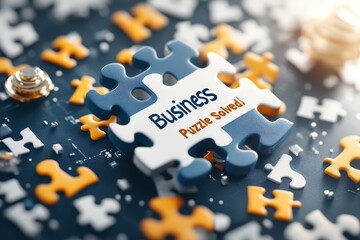 Obraz premium A realistic image of a completed puzzle with the phrase â€œBusiness Puzzle Solved,â€ surrounded by success-related items like awards and contracts