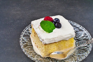 メキシコのスイーツ パステル・デ・トレス・レチェス(3種のミルクのケーキ) コピースペースあり Mexican sweets Pastel de Tres Leches( Mexican Tres Leches Cake,Tres Leches Cake,Three Milk Cake, 3 Milk Cake) with copy space
