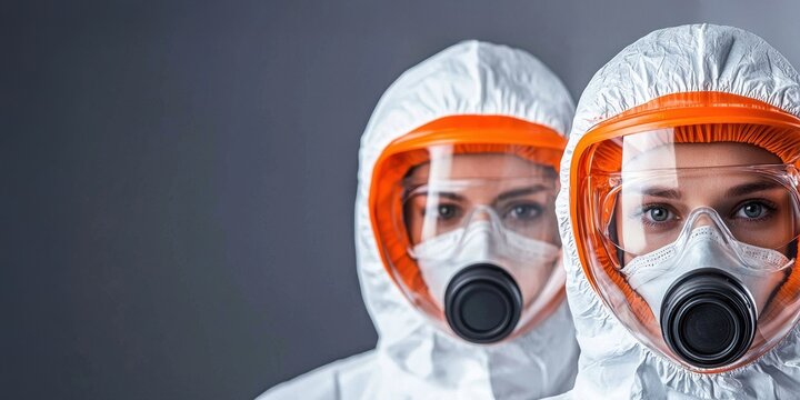 World Cancer Day concept. Two individuals in protective gear and masks against a neutral background.