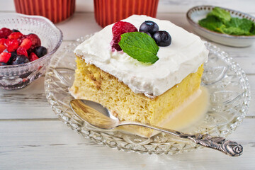 メキシコのスイーツ パステル・デ・トレス・レチェス(3種のミルクのケーキ) コピースペースあり Mexican sweets Pastel de Tres Leches( Mexican Tres Leches Cake,Tres Leches Cake,Three Milk Cake, 3 Milk Cake) with copy space