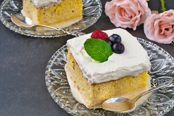メキシコのスイーツ パステル・デ・トレス・レチェス(3種のミルクのケーキ) コピースペースあり  Mexican sweets Pastel de Tres Leches( Mexican Tres Leches Cake,Tres Leches Cake,Three Milk Cake, 3 Milk Cake) with copy space