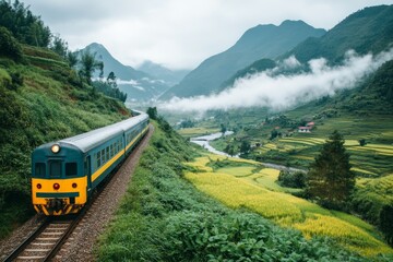 Obraz premium A scenic railway journey through a verdant valley, with the train curving through tunnels and over bridges